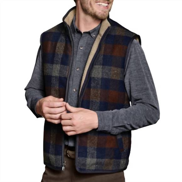 NEW JOHNSTON MURPHY plaid sherpa-lined vest in navy